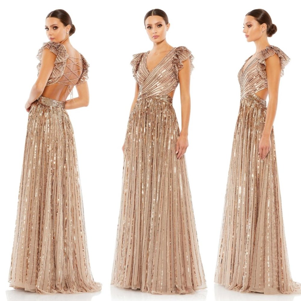 MAC DUGGAL SEQUINED CUT OUT RUFFLED CAP SLEEVE LACE UP GOWN